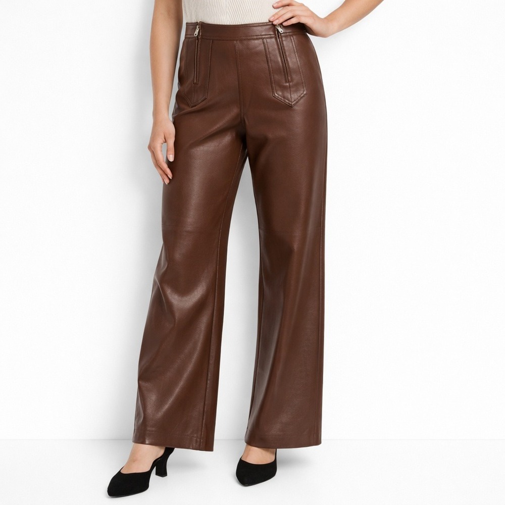 7 For All Mankind Brown Vegan Leather Wide Leg High Rise Zip Trouser Pants 6‎
